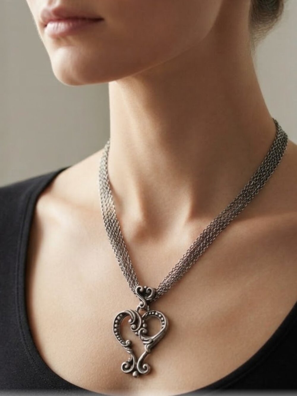 Brighton Silver Multi-Strand Chain Filigree Heart Pendant Necklace Retired